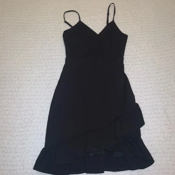black dress ruffle bottom Women's Crushed Velvet Hi-Lo Ruffle Bottom Dress – Baby'O Clothing Co main image 1